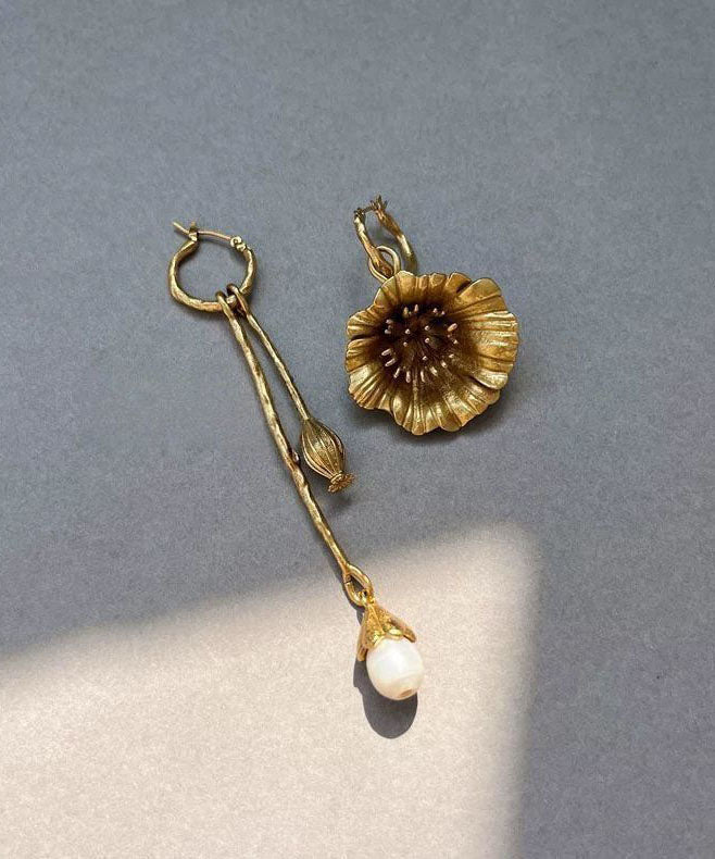 Retro Gold Copper Overgild Asymmetrical Pearl Floral Tassel Drop Earrings