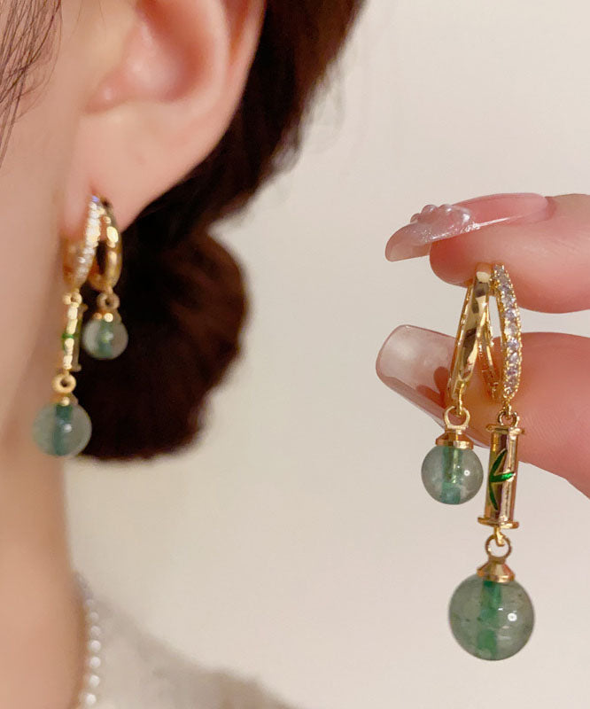 Retro Gold Copper Overgild Zircon Bamboo Joint Gem Stone Drop Earrings