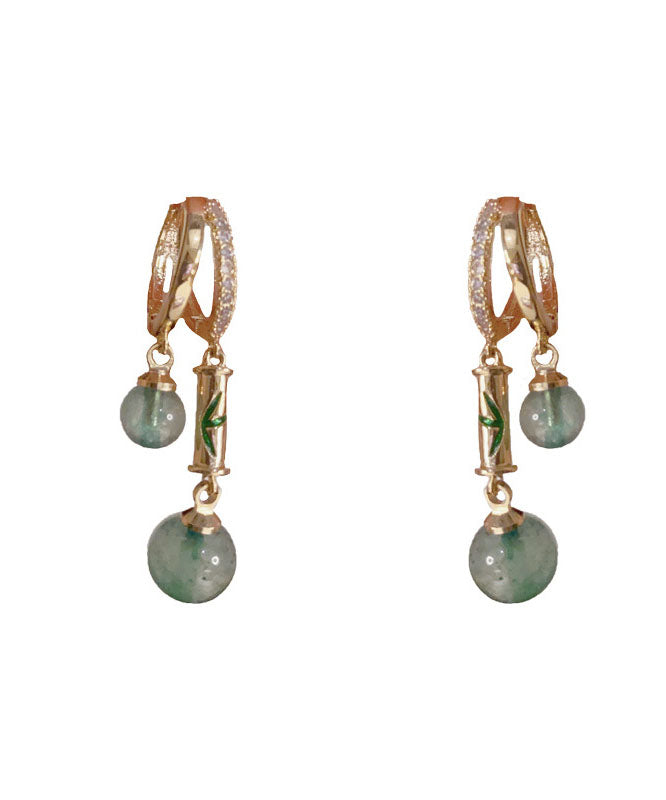Retro Gold Copper Overgild Zircon Bamboo Joint Gem Stone Drop Earrings