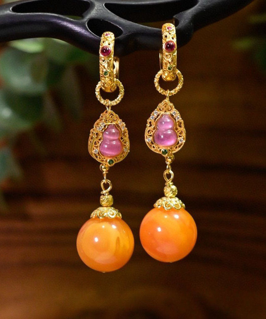 Retro Gold Sterling Silver Overgild Beeswax Calabash Drop Earrings