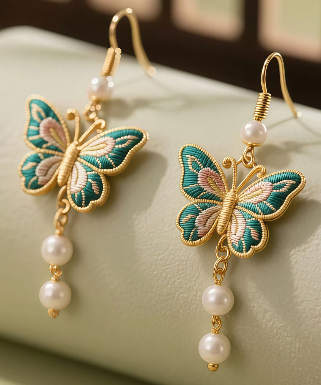 Retro Gold Sterling Silver Overgild Butterfly Enamel Tassel Drop Earrings