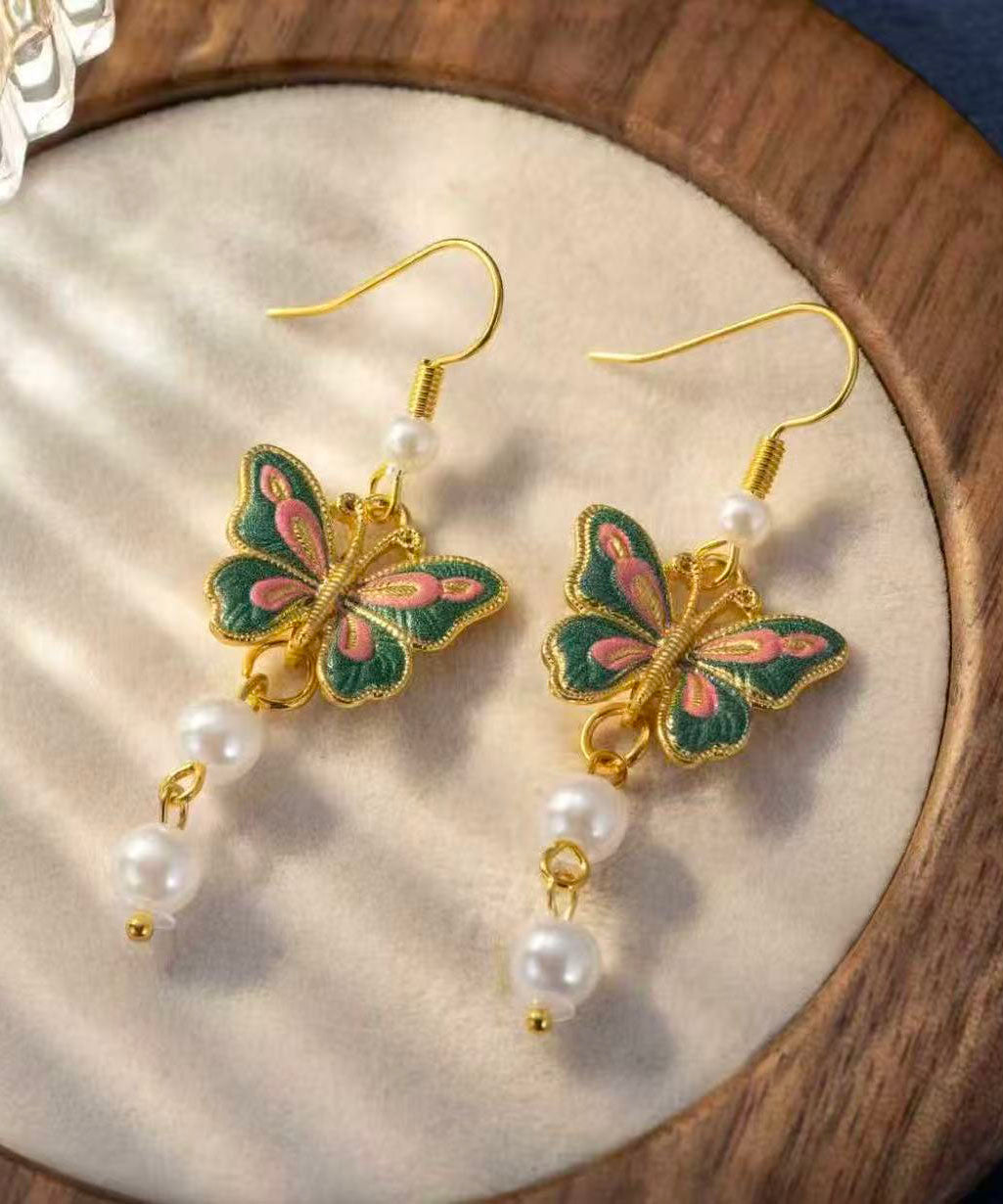 Retro Gold Sterling Silver Overgild Butterfly Enamel Tassel Drop Earrings