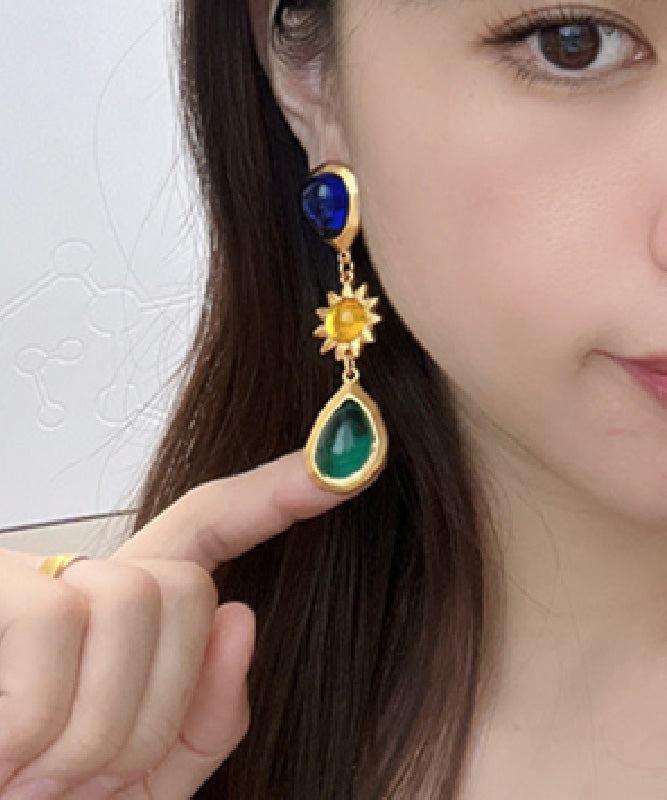 Retro Gold Sterling Silver Overgild Coloured Glaze Crystal Water Drop Drop Earrings