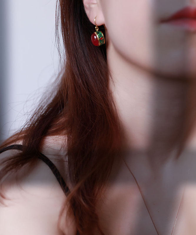 Retro Gold Sterling Silver Overgild Enamel Agate Drop Earrings