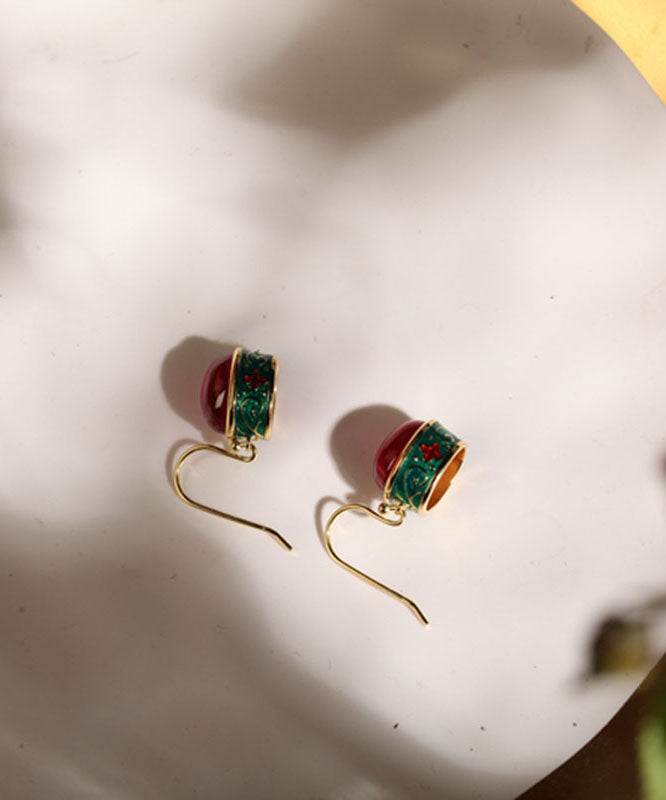 Retro Gold Sterling Silver Overgild Enamel Agate Drop Earrings