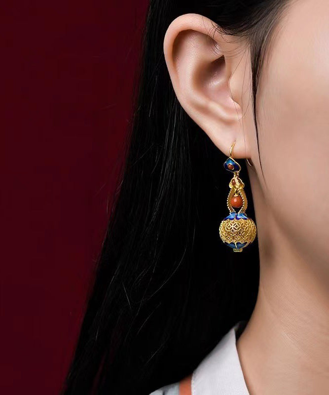 Retro Gold Sterling Silver Overgild Gourd Drop Earrings