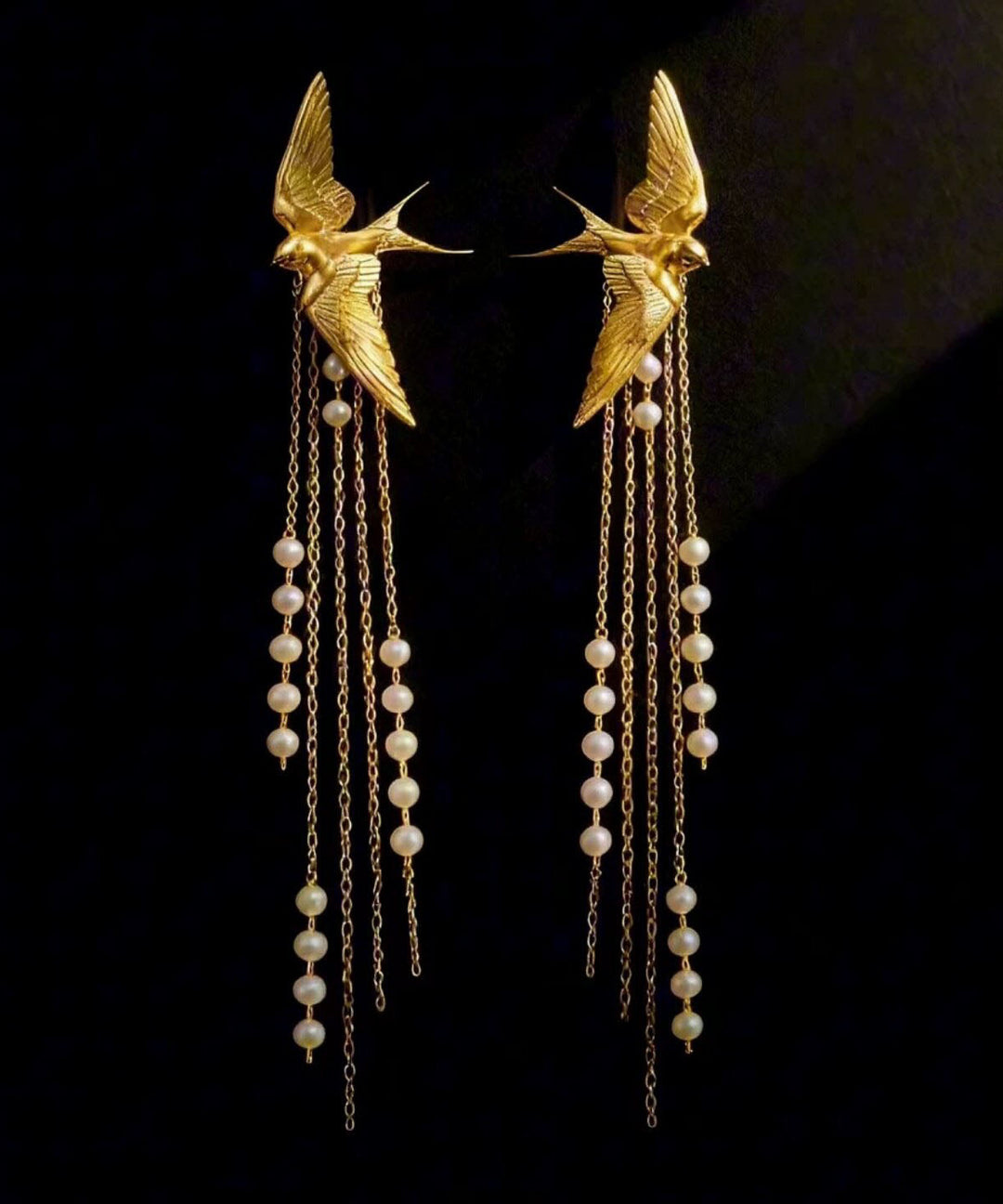 Retro Gold Sterling Silver Overgild Swallow Pearl Tassel Drop Earrings