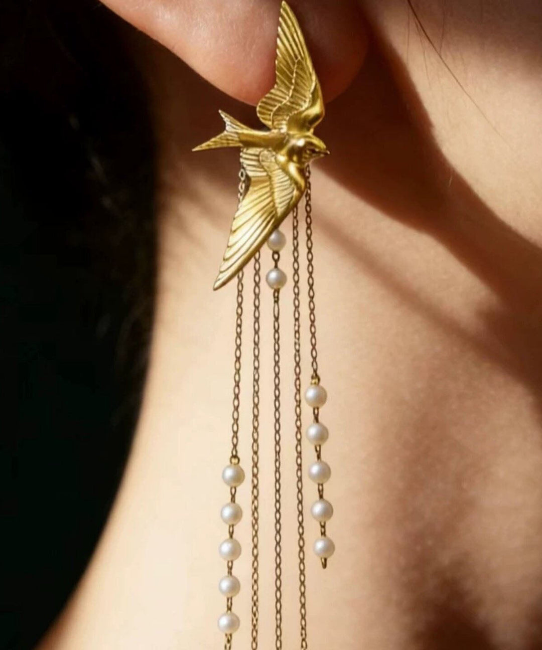 Retro Gold Sterling Silver Overgild Swallow Pearl Tassel Drop Earrings