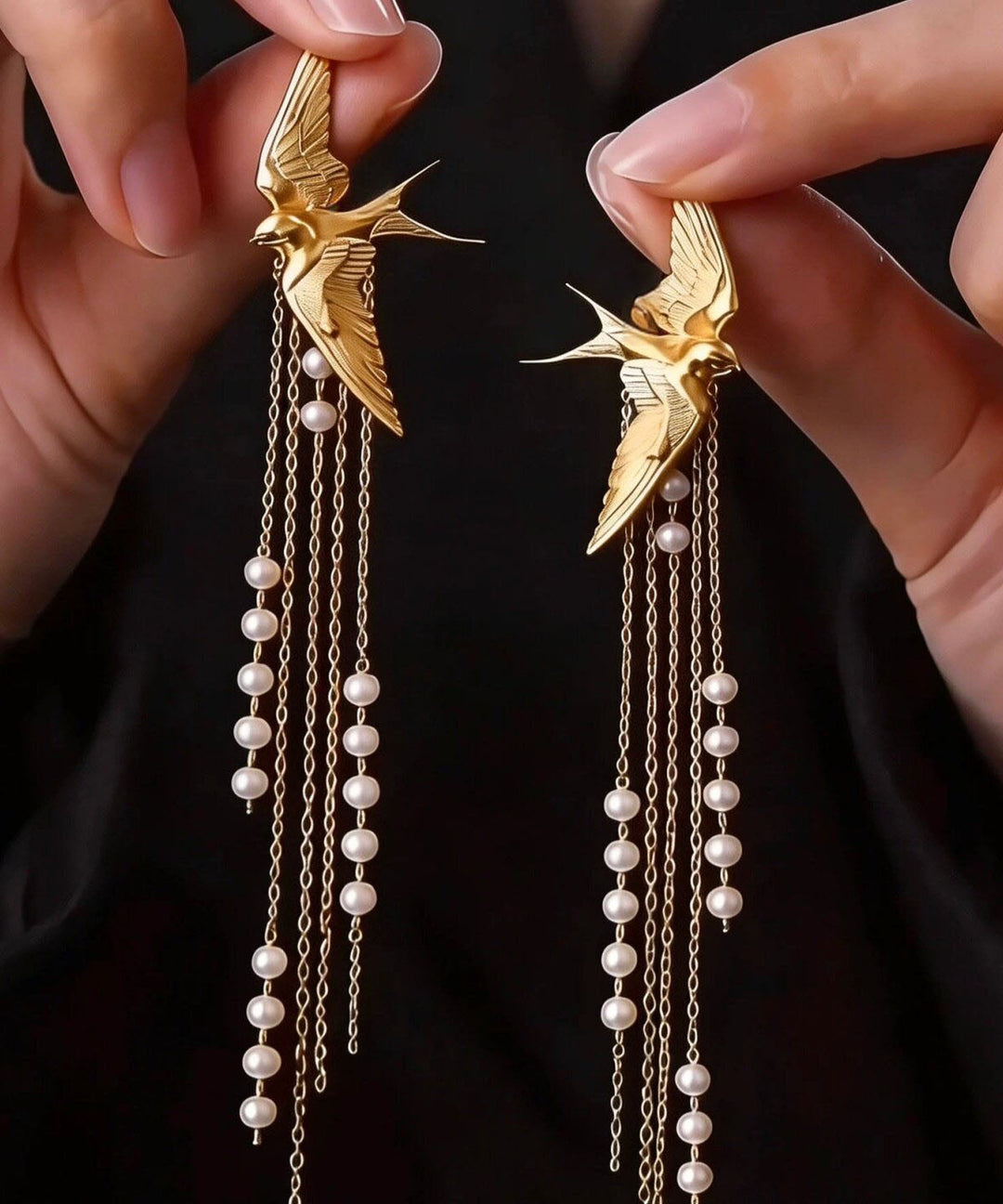 Retro Gold Sterling Silver Overgild Swallow Pearl Tassel Drop Earrings