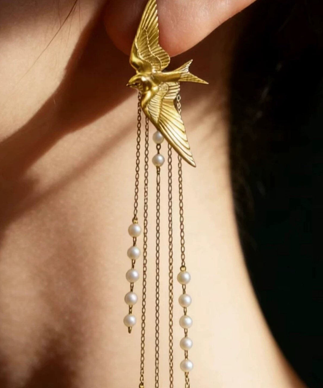Retro Gold Sterling Silver Overgild Swallow Pearl Tassel Drop Earrings