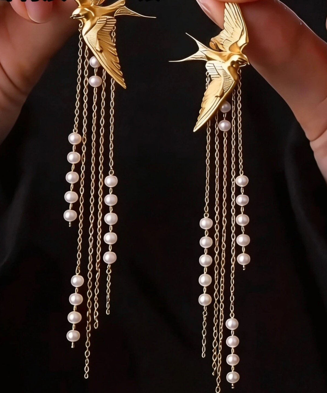 Retro Gold Sterling Silver Overgild Swallow Pearl Tassel Drop Earrings