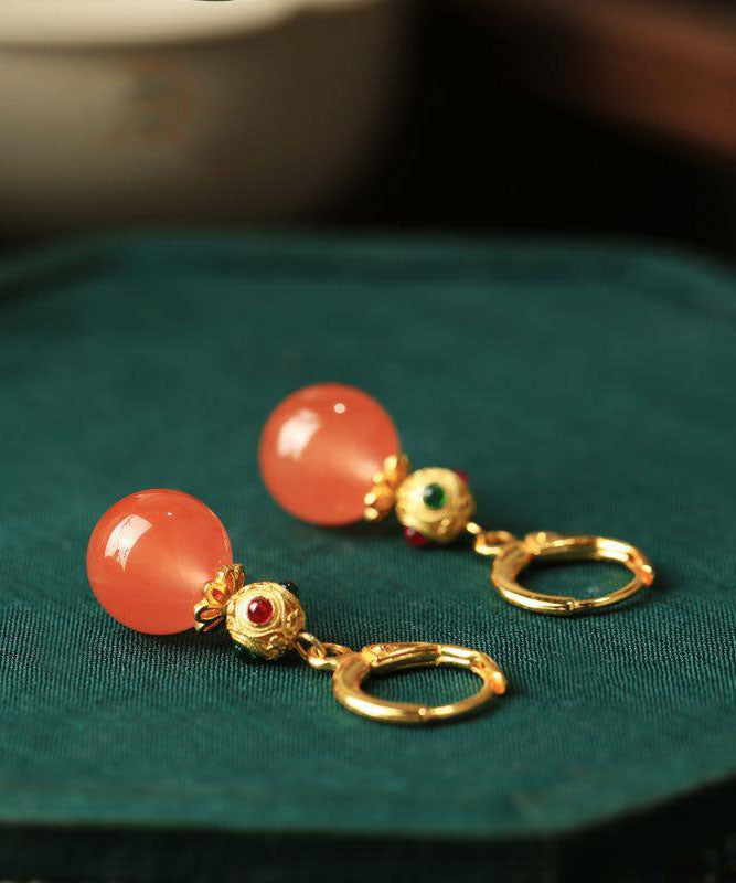 Retro Gold Sterling Silver Overgild Zircon Agate Calabash Drop Earrings