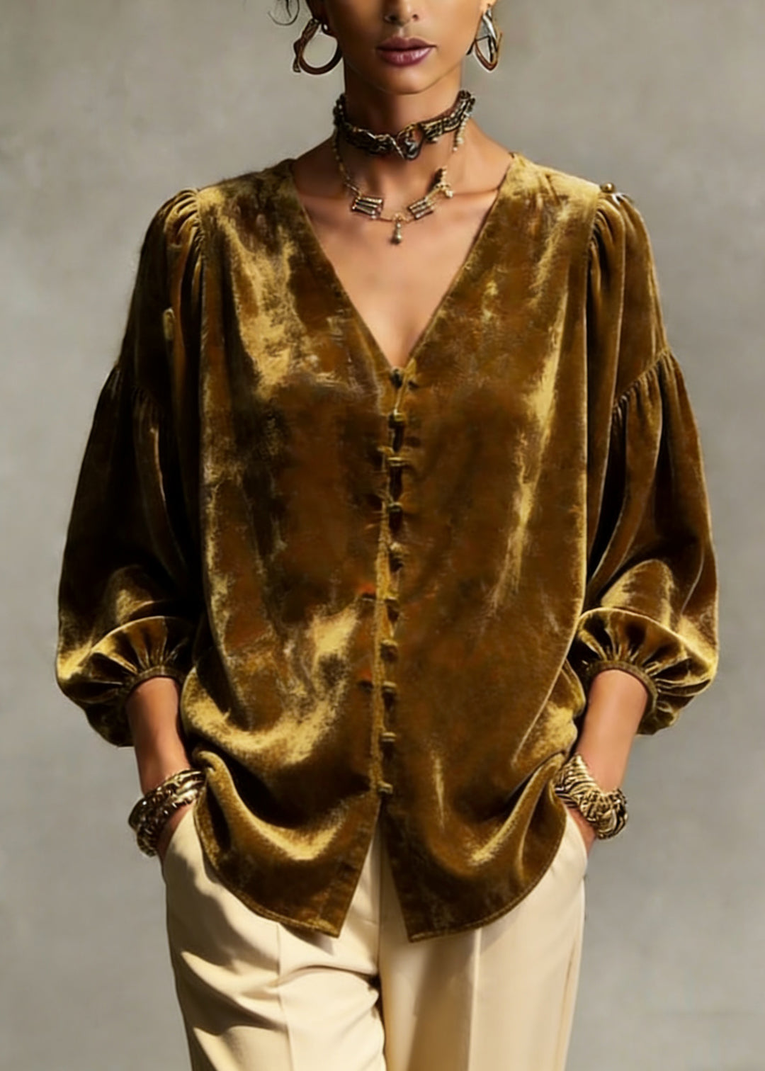 Retro Gold Yellow V Neck Patchwork Top Lantern Sleeve - Omychic