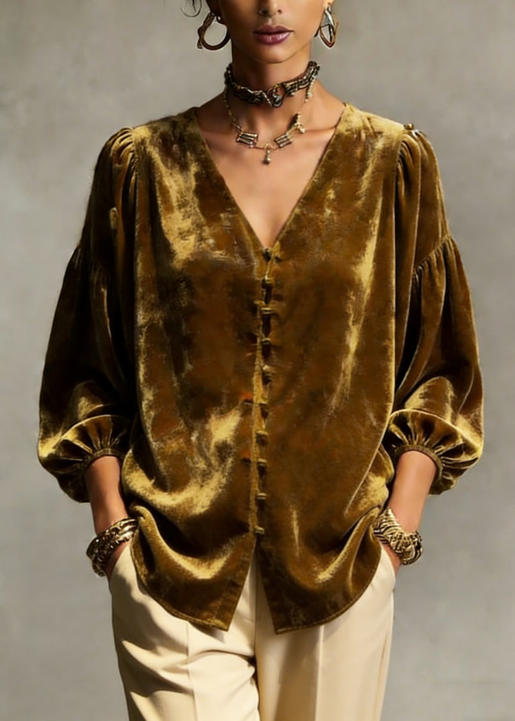 Retro Gold Yellow V Neck Patchwork Top Lantern Sleeve - Omychic