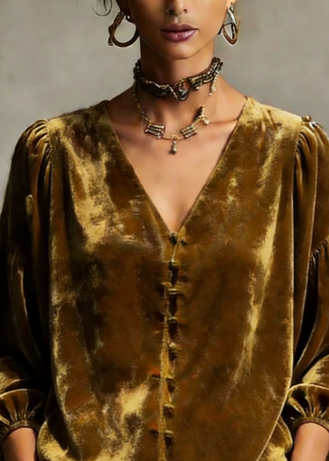 Retro Gold Yellow V Neck Patchwork Top Lantern Sleeve - Omychic