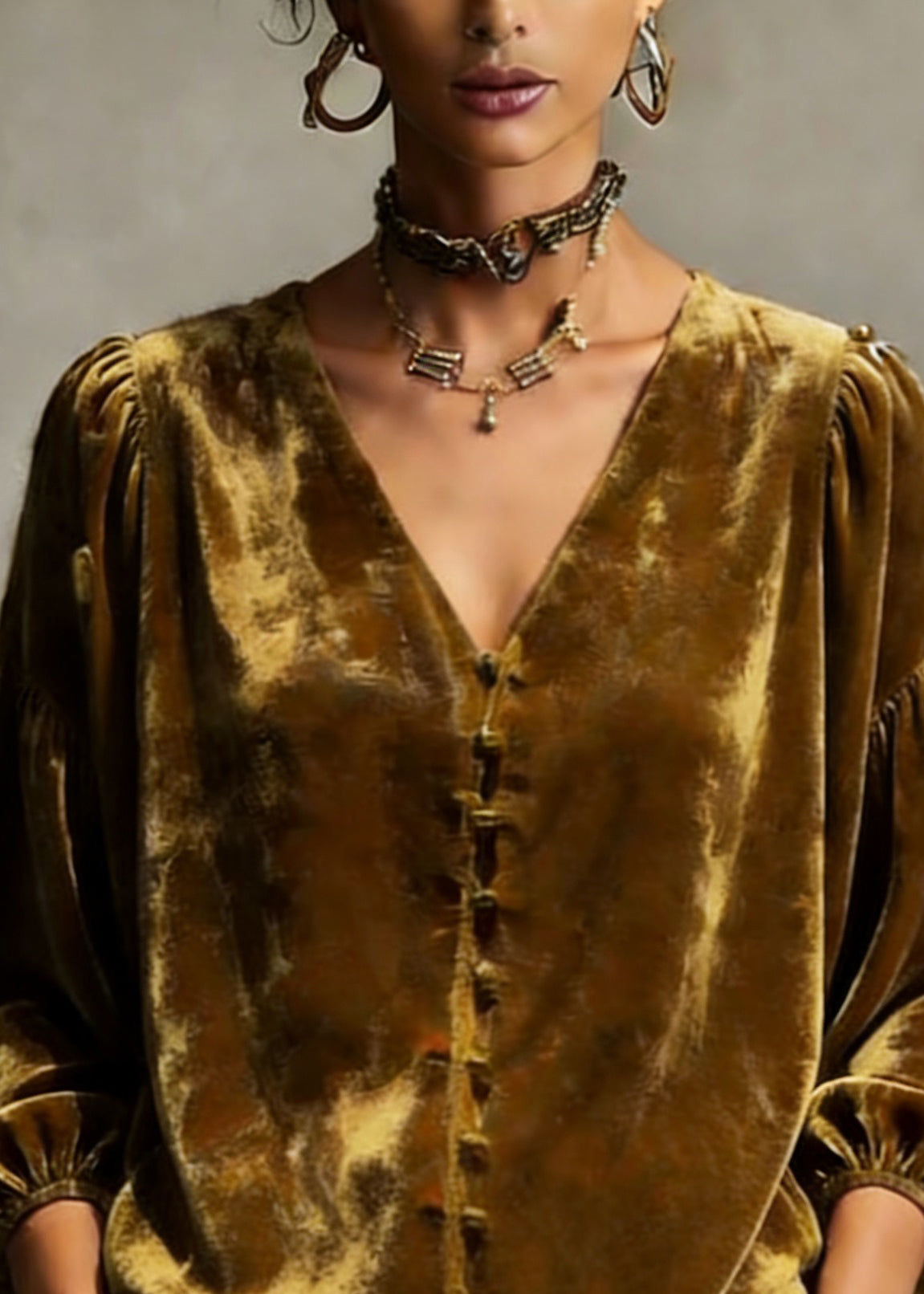 Retro Gold Yellow V Neck Patchwork Top Lantern Sleeve - Omychic