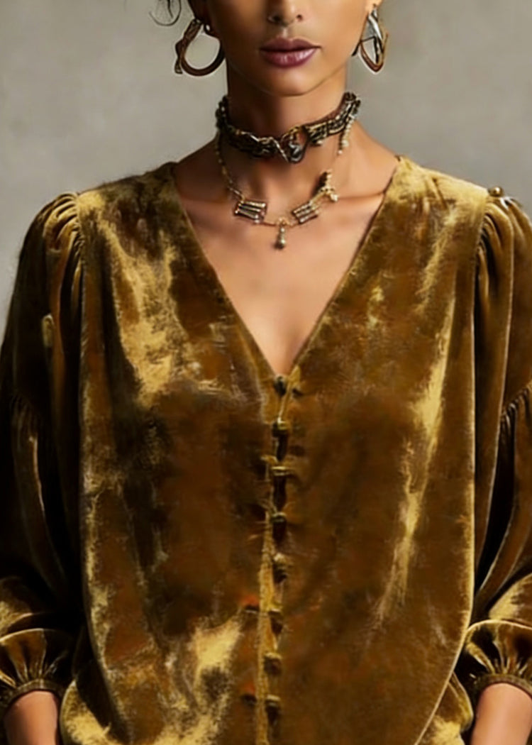 Retro Gold Yellow V Neck Patchwork Top Lantern Sleeve - Omychic