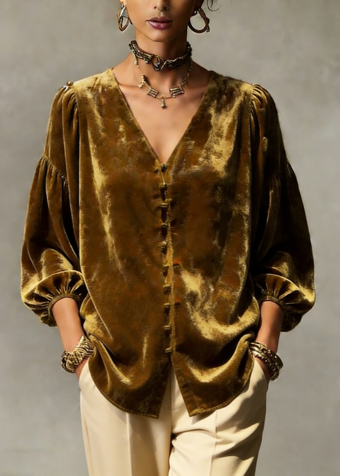 Retro Gold Yellow V Neck Patchwork Top Lantern Sleeve - Omychic