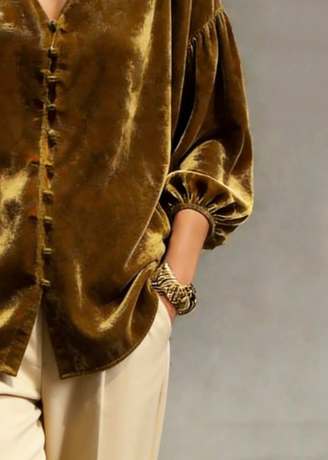 Retro Gold Yellow V Neck Patchwork Top Lantern Sleeve - Omychic