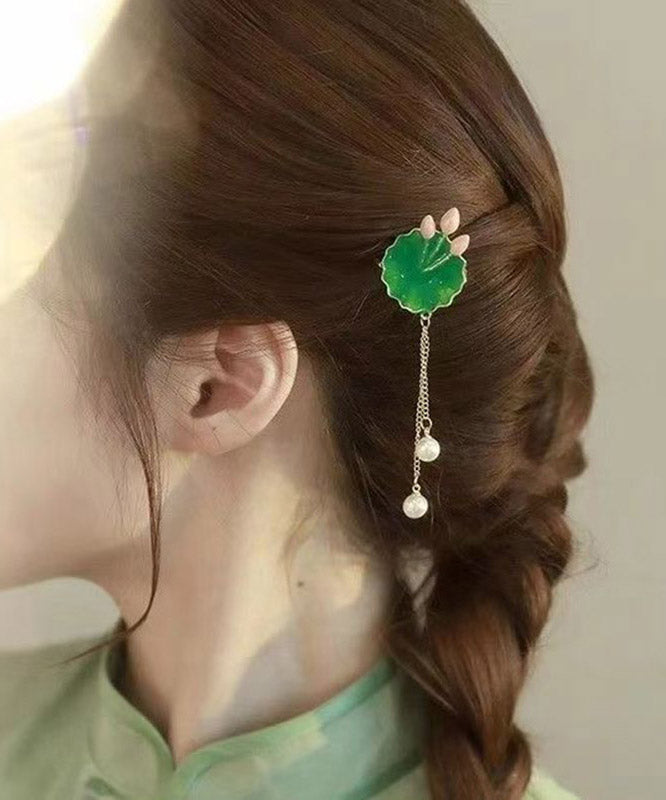 Retro Green Alloy Pearl Lotus Leaf Tassel Hairpin - Omychic
