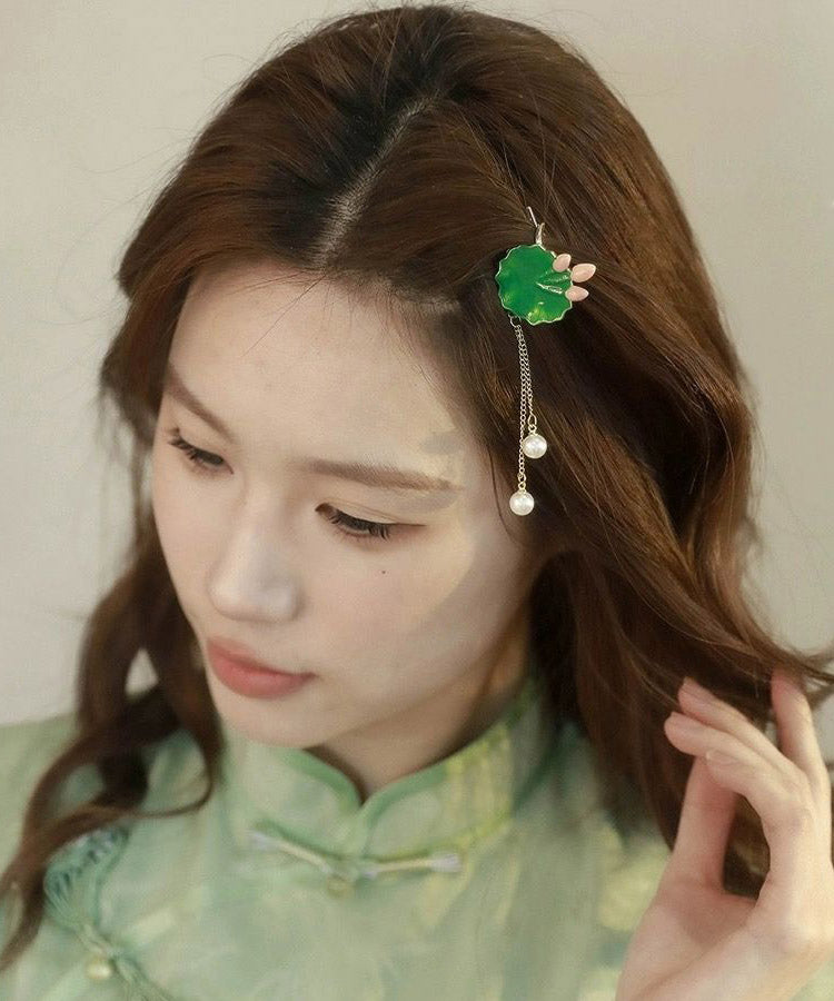 Retro Green Alloy Pearl Lotus Leaf Tassel Hairpin - Omychic