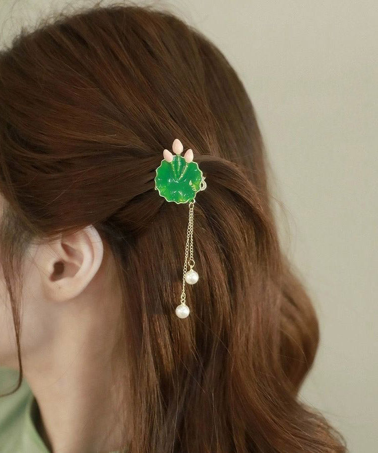 Retro Green Alloy Pearl Lotus Leaf Tassel Hairpin - Omychic