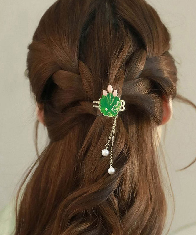 Retro Green Alloy Pearl Lotus Leaf Tassel Hairpin - Omychic