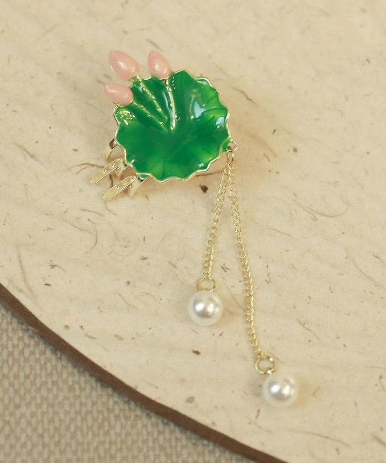 Retro Green Alloy Pearl Lotus Leaf Tassel Hairpin - Omychic