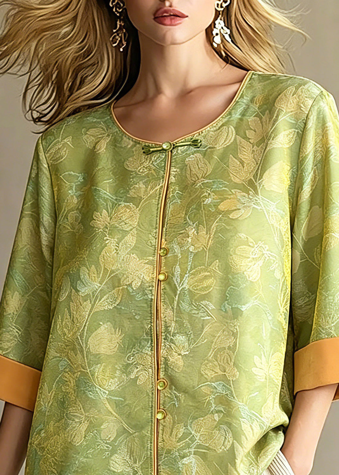 Retro Green Button Jacquard Silk Shirts Three Quarter Sleeve