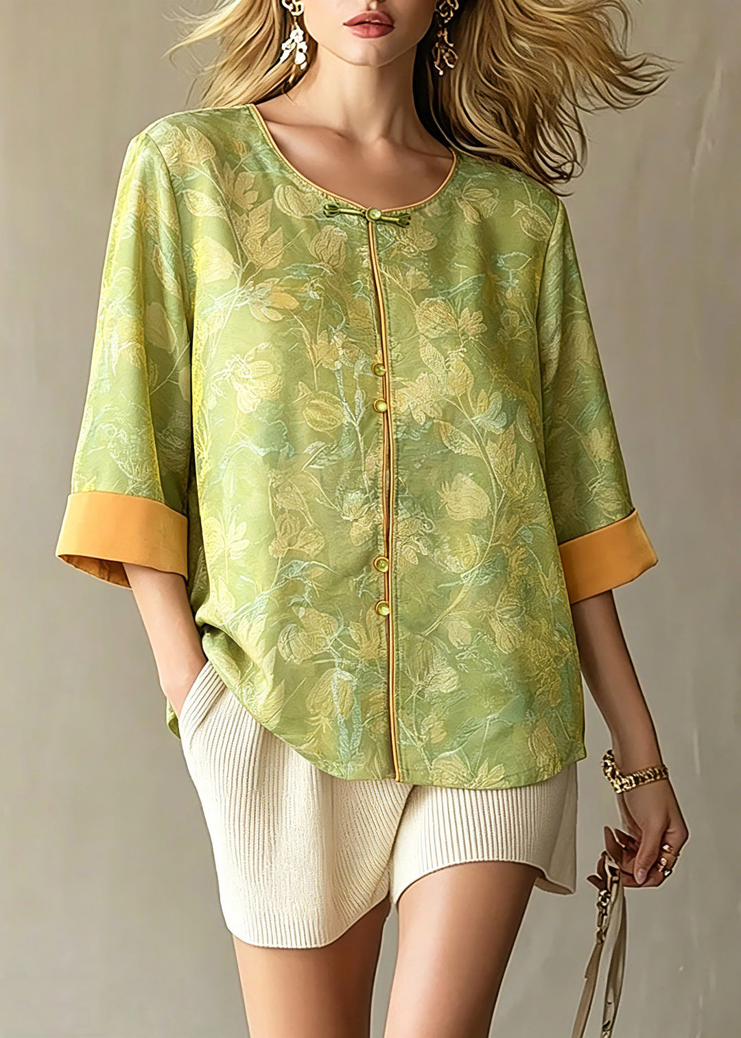 Retro Green Button Jacquard Silk Shirts Three Quarter Sleeve