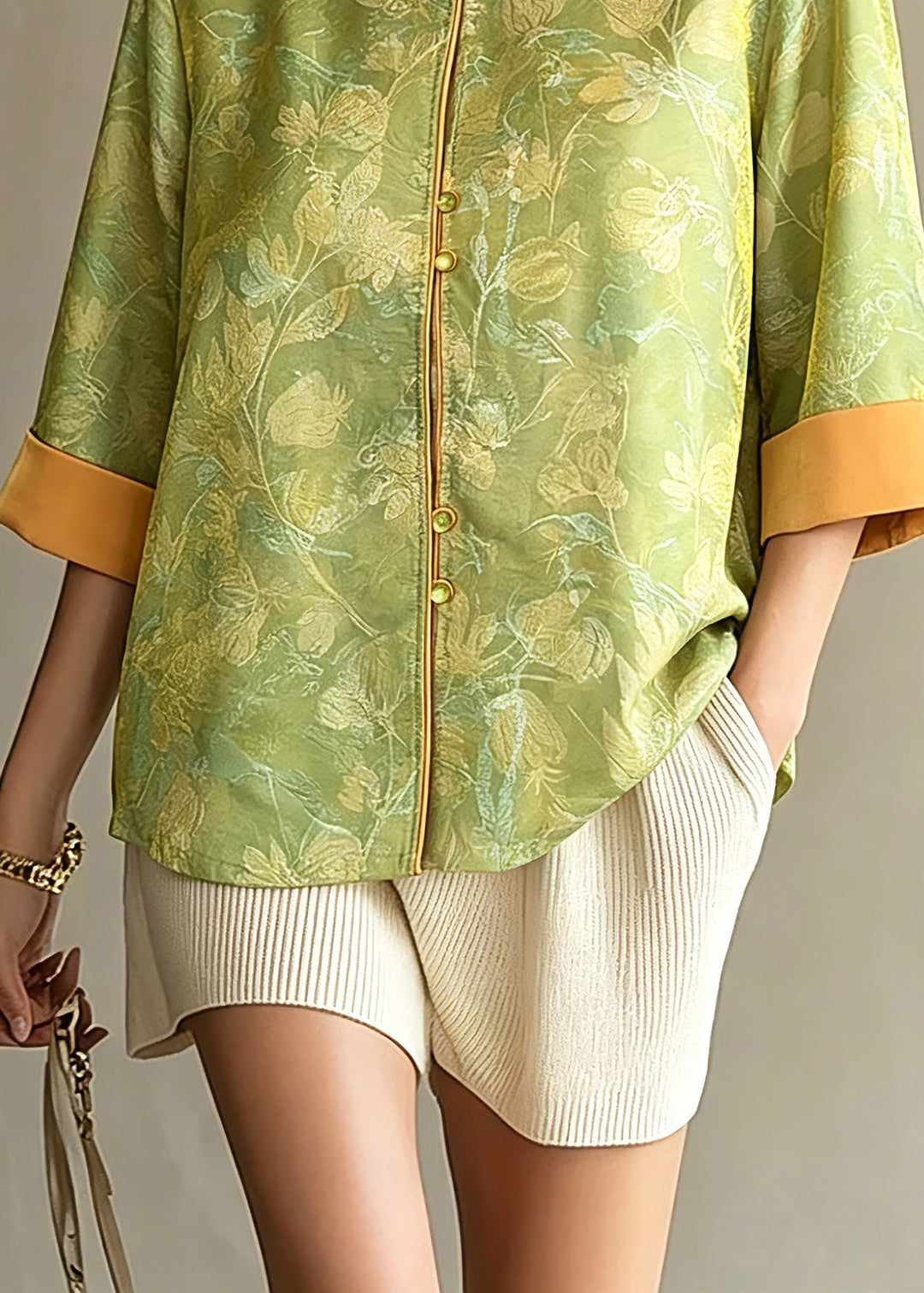 Retro Green Button Jacquard Silk Shirts Three Quarter Sleeve
