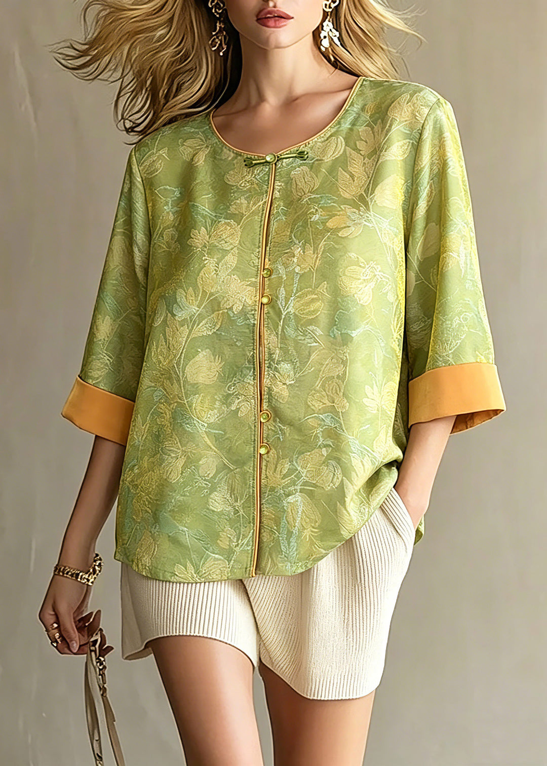 Retro Green Button Jacquard Silk Shirts Three Quarter Sleeve