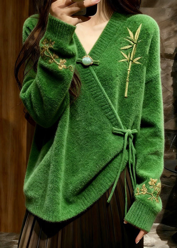 Retro Green Embroidered Cozy Cotton Knit Sweaters Fall