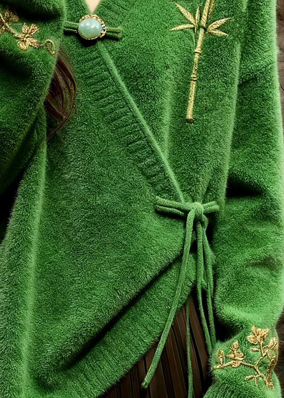 Retro Green Embroidered Cozy Cotton Knit Sweaters Fall