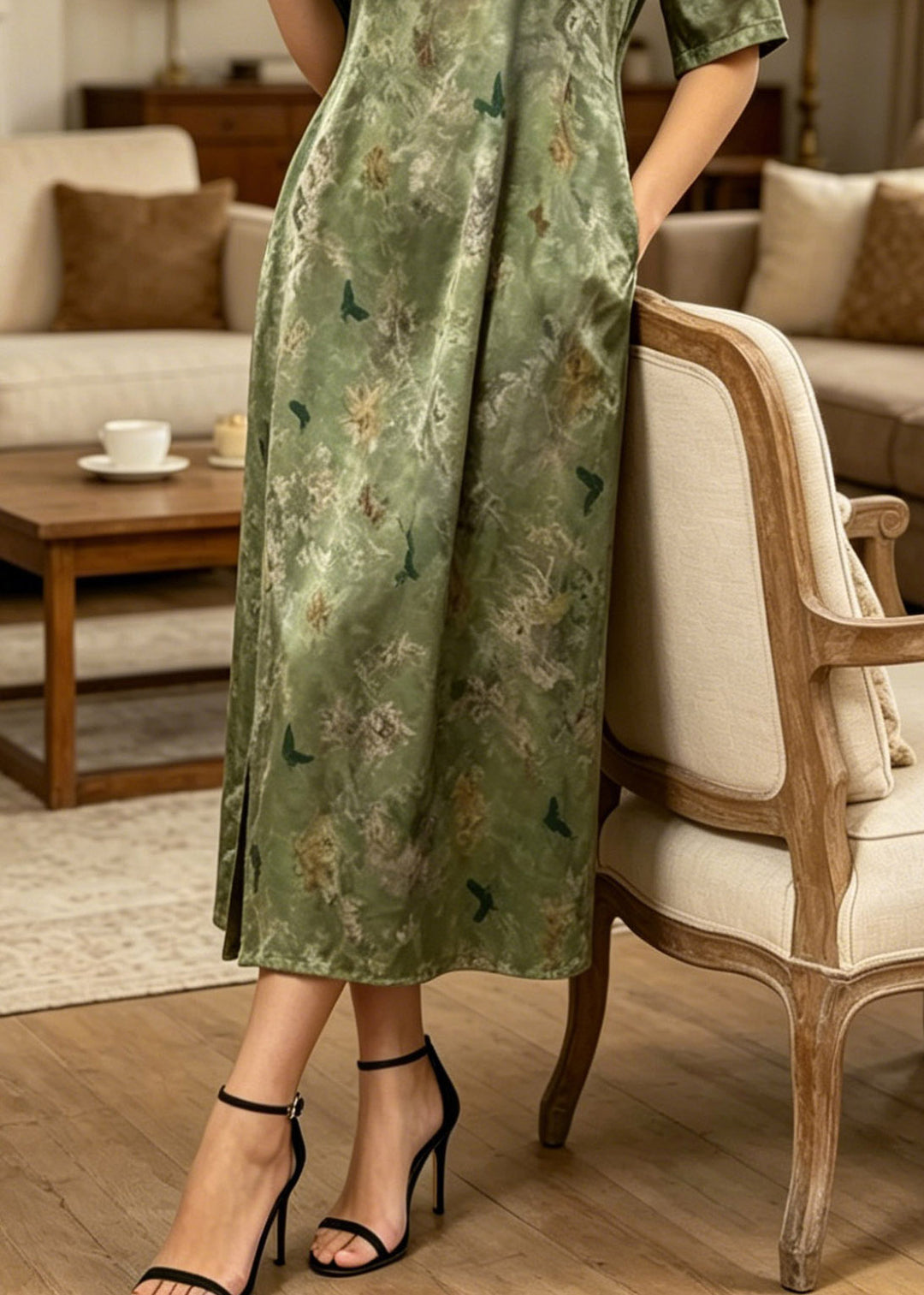 Retro Green O-Neck Patchwork Side Open Silk Long Dress Summer