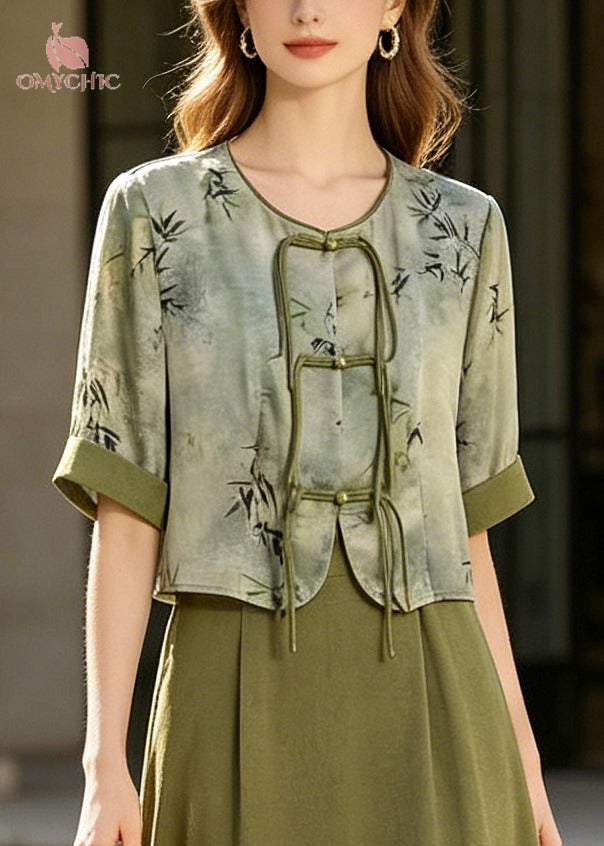 Retro Green Print Chinese Button Silk Dress Two Piece Set Summer