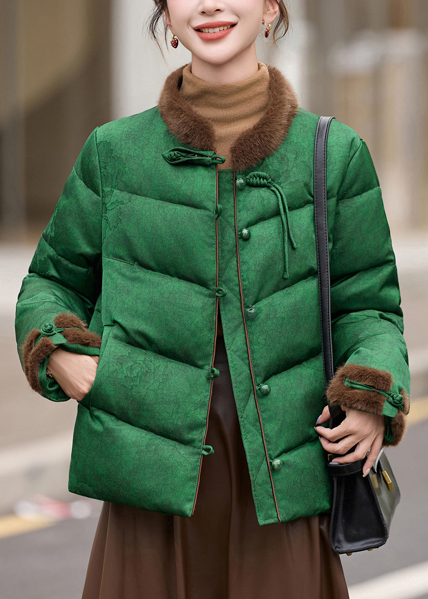 Retro Green Stand Collar Patchwork Duck Down Down Coats Winter