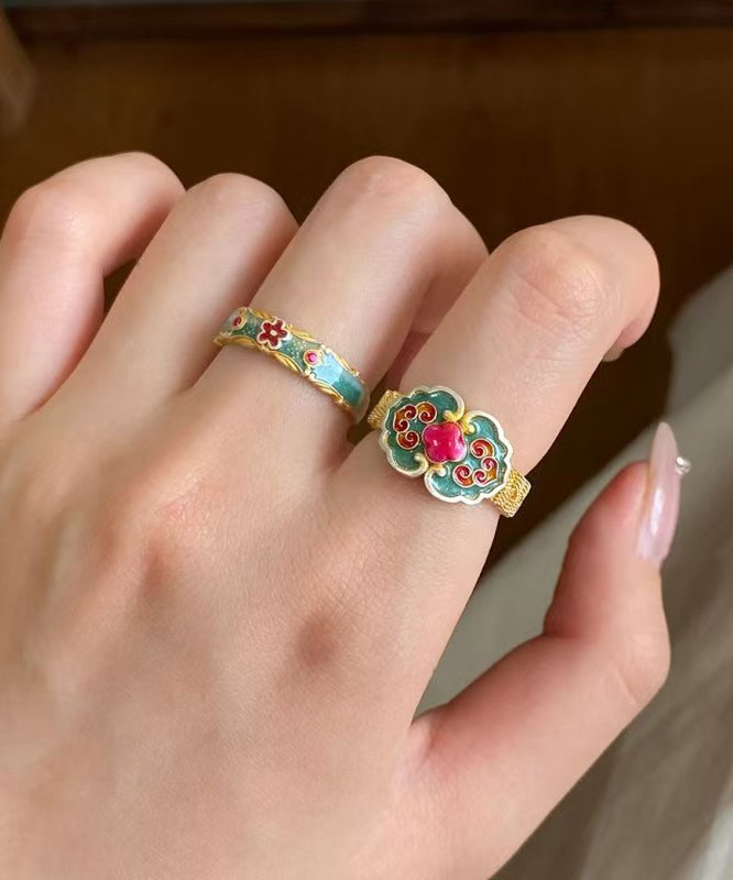 Retro Green Sterling Silver Enamel Rings Two-Piece Set