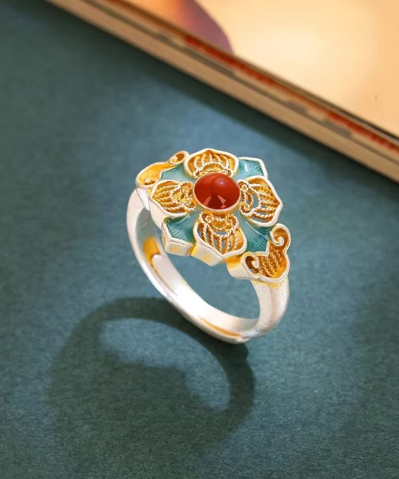 Retro Green Sterling Silver Enamel Rings Two-Piece Set