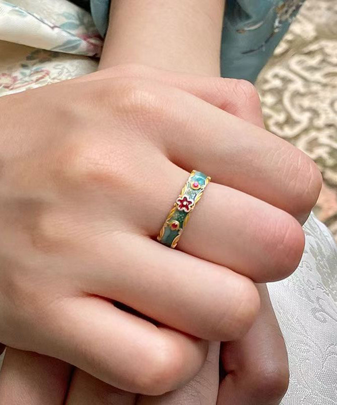 Retro Green Sterling Silver Enamel Rings Two-Piece Set