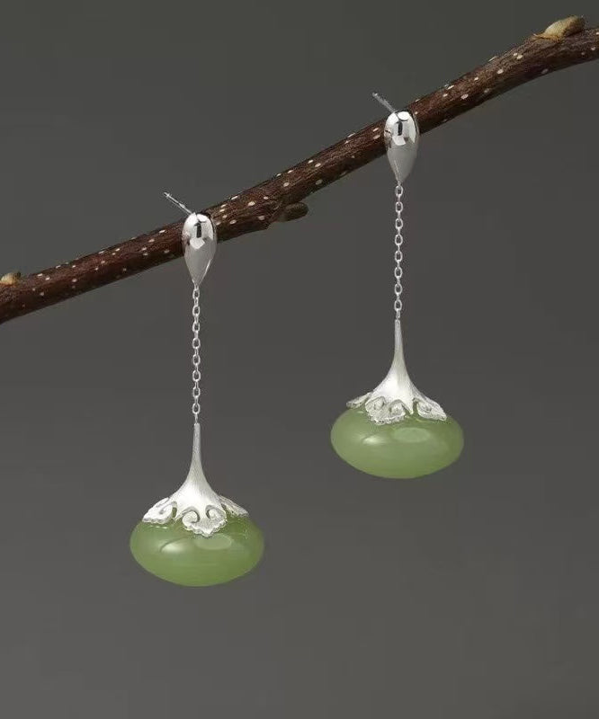 Retro Green Sterling Silver Jade Ruyi Drop Earrings