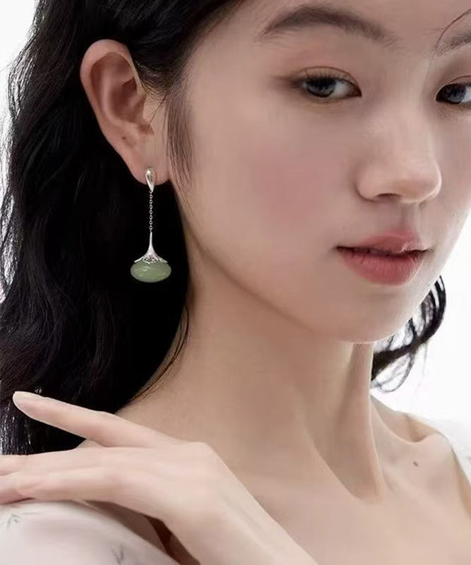 Retro Green Sterling Silver Jade Ruyi Drop Earrings