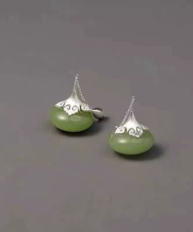 Retro Green Sterling Silver Jade Ruyi Drop Earrings