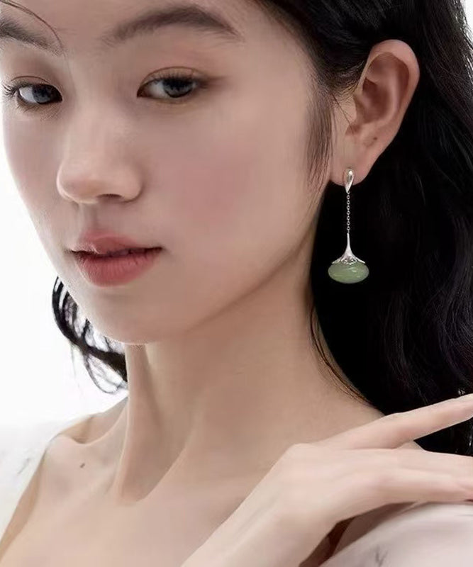 Retro Green Sterling Silver Jade Ruyi Drop Earrings