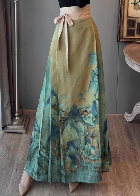 Retro Green Tunic Wrinkled Chinese Style Skirt Summer