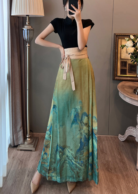 Retro Green Tunic Wrinkled Chinese Style Skirt Summer