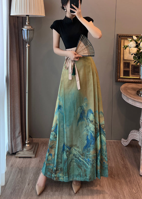 Retro Green Tunic Wrinkled Chinese Style Skirt Summer