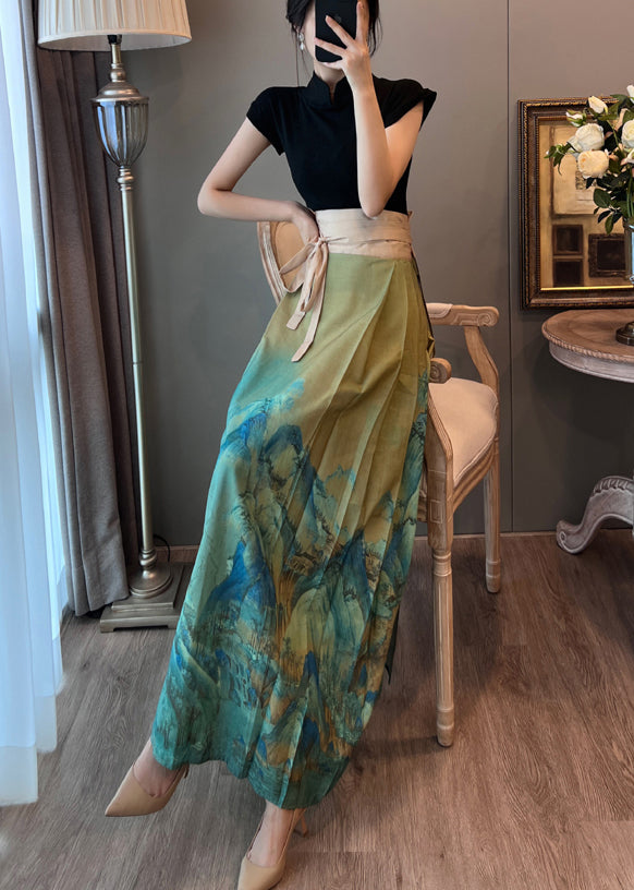 Retro Green Tunic Wrinkled Chinese Style Skirt Summer