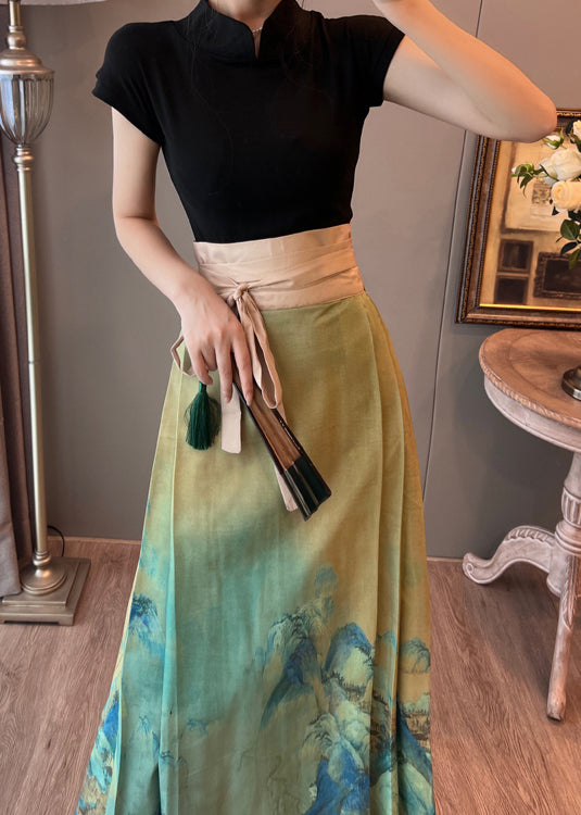 Retro Green Tunic Wrinkled Chinese Style Skirt Summer