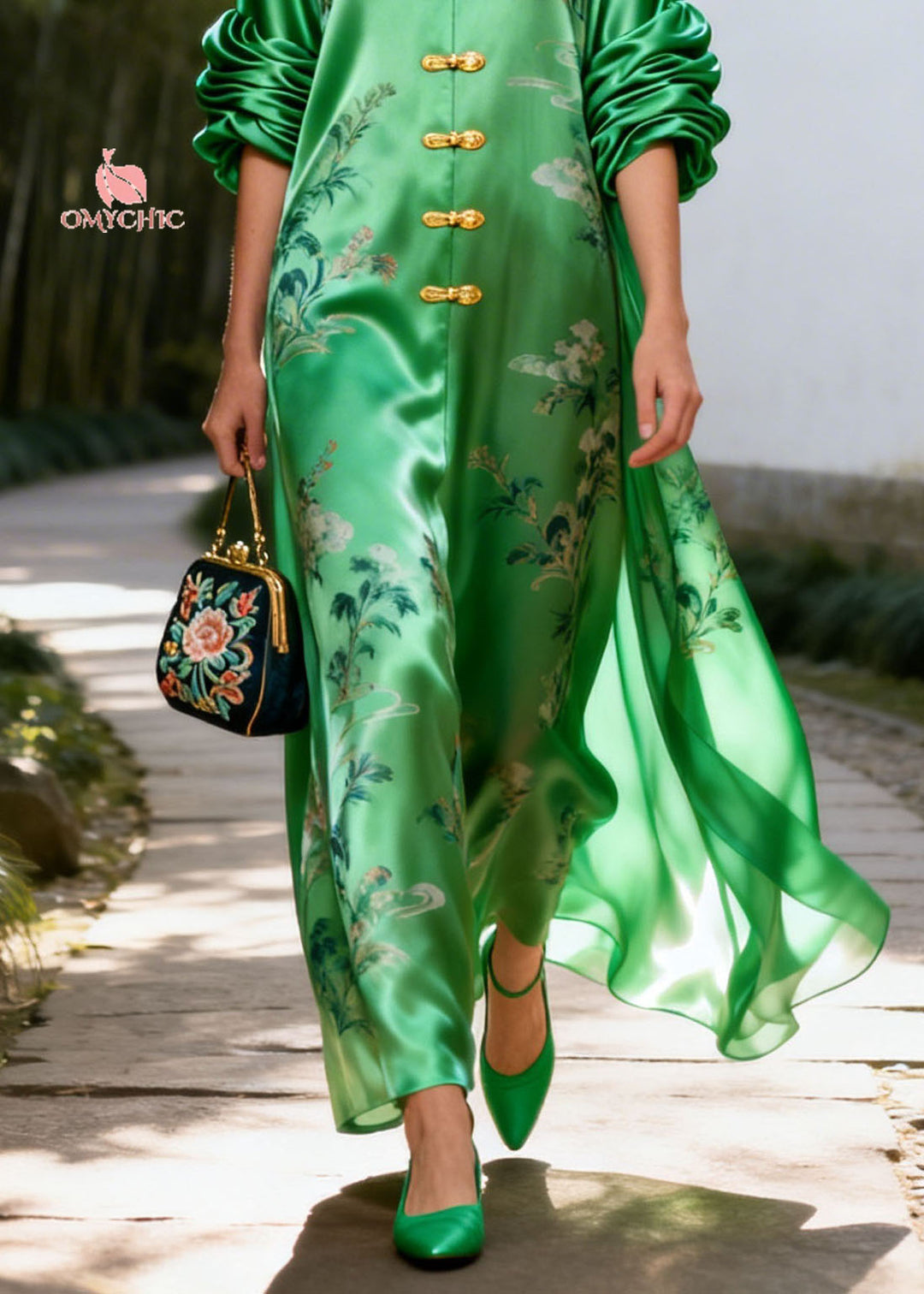 Retro Green V Neck Print Wrinkled Silk Vacation Dresses